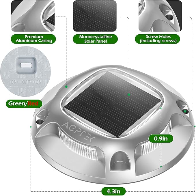 AGPTEK Solar Driveway Lights Outdoor 1 Pack, 2 Color Modes LED Deck Dock Marine Waterproof Security Marker Lights for Step Sidewalk Stair Garden Pathway Walkway Yard(Green/Red)