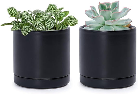 D'vine Dev Set of 2 Plants Pots, 3.5 Inch Ceramic Planter Pot for Plants with Drainage Hole and Saucer, Black, 94-V-A-2