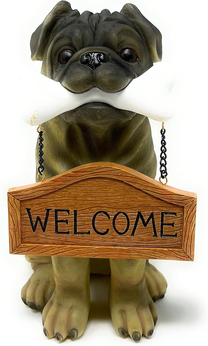 Nature's Mark Pug Dog Puppy Statue with Reversible Welcome Sign and Go Away Sign Resin Garden Decor 12" H
