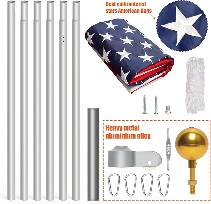 NELXINJO 25FT Sectional Flag Pole Kit, Heavy Duty Aluminum Outdoor In-Ground Flagpole, Gold Ball Top, 3x5 USA Flag for Residential Commercial Outdoor Garden(25FT, Silver)
