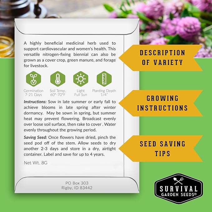 Survival Garden Seeds - Red Clover Seed for Planting - 3 Packets with Instructions to Plant & Grow a Medicinal Herb & Nitrogen Fixing Ground Cover in Your Home Garden - Non-GMO Heirloom Variety