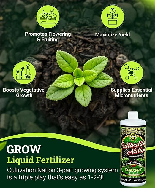 FoxFarm Cultivation Nation Grow Fertilizer - Formula for Optimal Vegetative Growth, Perfect for Soil, Soilless Media, Hydroponics & Aeroponics - Part 1 of 3-Part Feeding Program- NPK 2-1-6 (Quart)