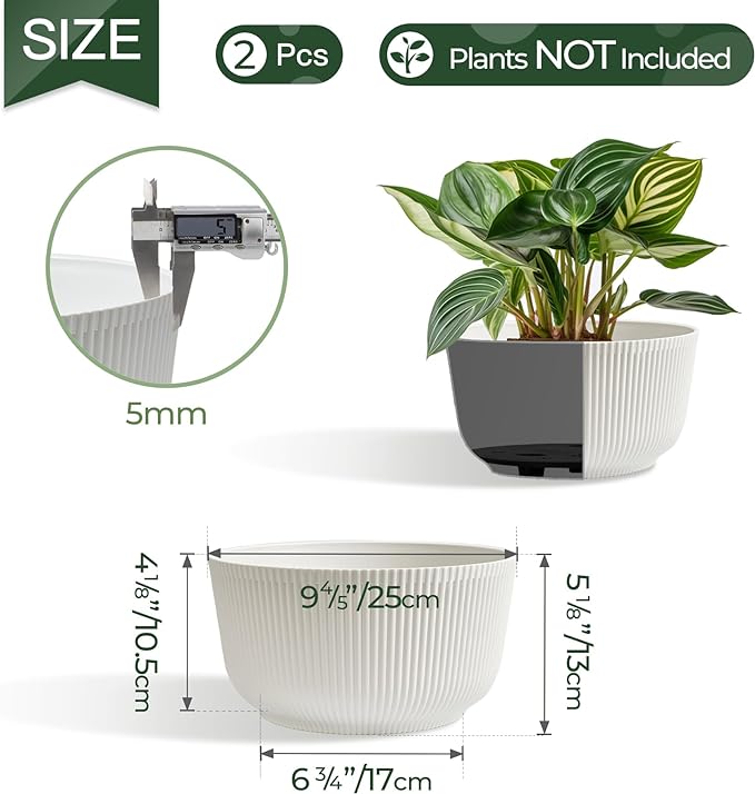 T4U 10 Inch Self Watering Pots for Indoor Plants, Plastic Plant Pots with Drainage Hole, Large Flower Pots for Indoor Outdoor Plants Cactus, Garden, Set of 2, White