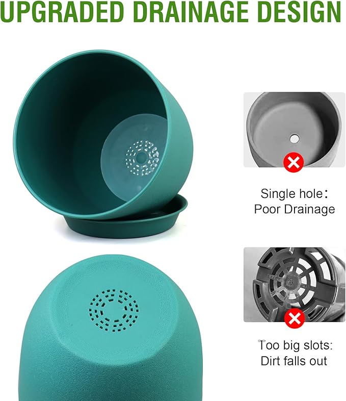 Flower Pots 9/8/7.5 inch, Set of 3 Modern Decorative Plastic Planters with Drainage Holes and Tray for House Plants Indoor Plants, Plant Pots for Indoor Outdoor Plants, Blue Green