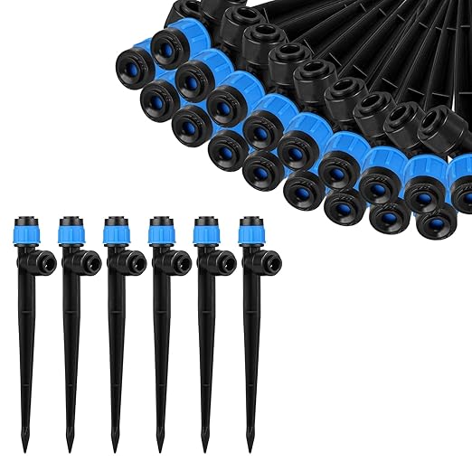 60Pcs Drip Irrigation Emitters Fan Shape with Stake for 1/4 inch Irrigation Tube Hose, 360 Degree Water Flow Drippers for House Garden Watering System (Blue)