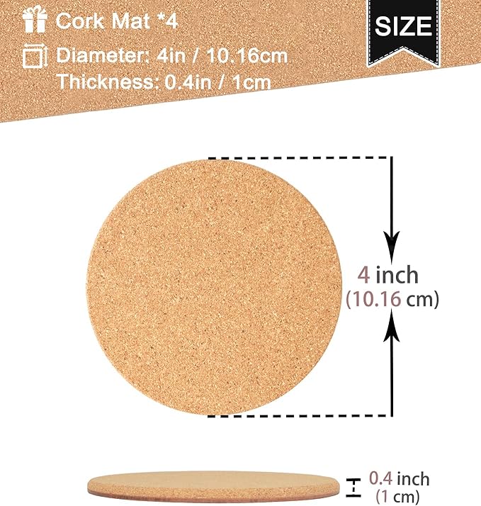 Cork Plant Coasters, Double Layers Hard Thick Cork Planter Coaster, 4 Inch Absorbent Cork Plant Mats, Cork Trivets for Hot Dishes, Cork Plant Coasters for House Plants, 4 Pcs