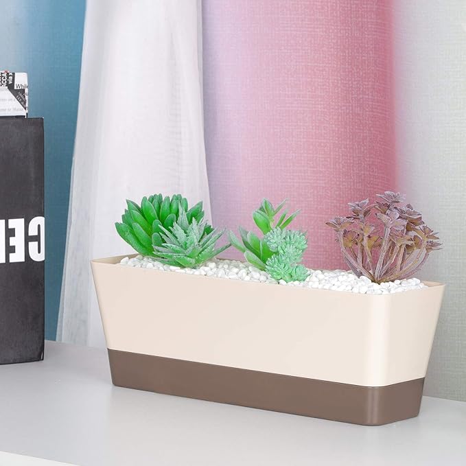 GROWNEER 3 Packs 12 Inches Window Boxes Rectangle Planter Long Pots with 15 Pcs Plant Labels Plastic Flower Plant with Saucer for Windowsill Garden Balcony Home Indoor Outdoor (Beige)