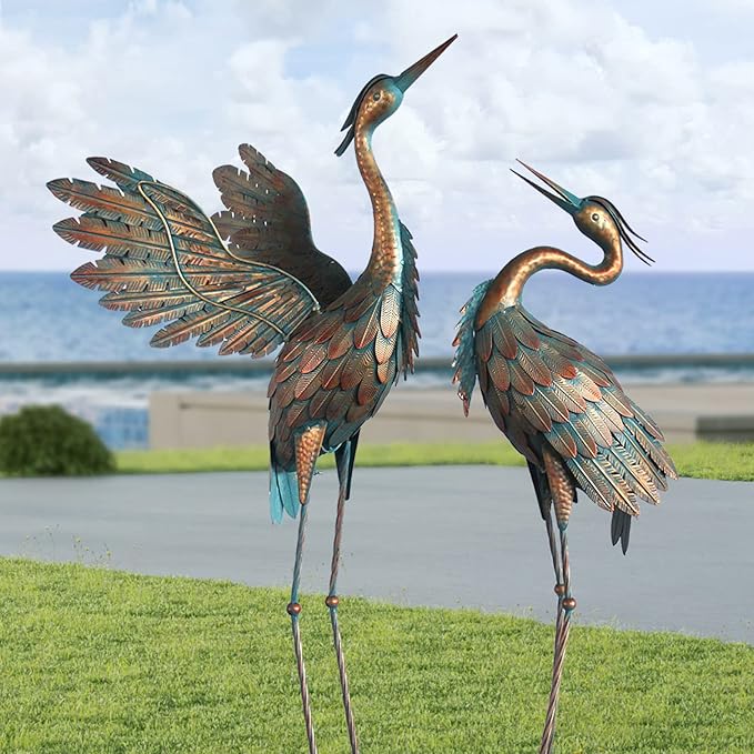 Crane Statues for Garden Decor, Metal Yard Art Heron Garden Statues, Standing Garden Sculptures & Statues for Yard Decorations Outdoor, 38-42 Inch Set of 2, Copper