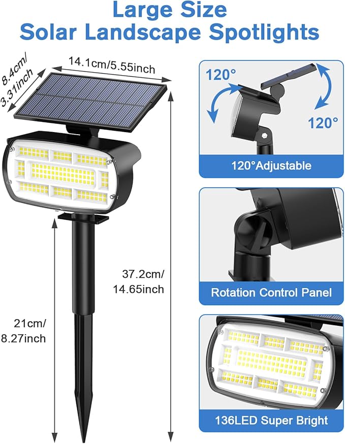 Fabrito Solar Spot Lights Outdoor 136 LEDs, Large Area Lighting Solar Lights Outdoor, 6 Pack IP65 Waterproof Landscape Spotlights Auto On/Off for Yard, Garden, Pathway, Plants,Tree (Cool White)
