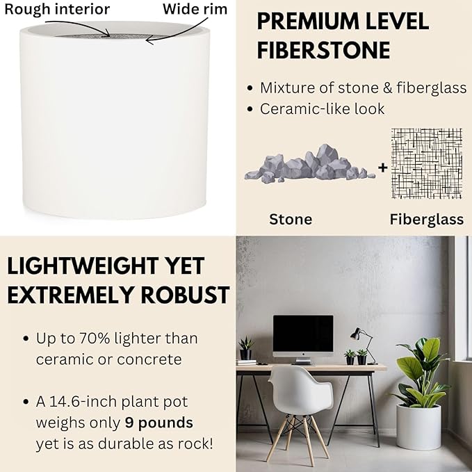 Fox & Fern 14.6 Inch Extra Large Planter — Premium Lightweight Fiberstone Matte White Plant Pot with Drainage Plug; Big Planter for Indoor & Outdoor Use; Weather Resistant & UV Resistant