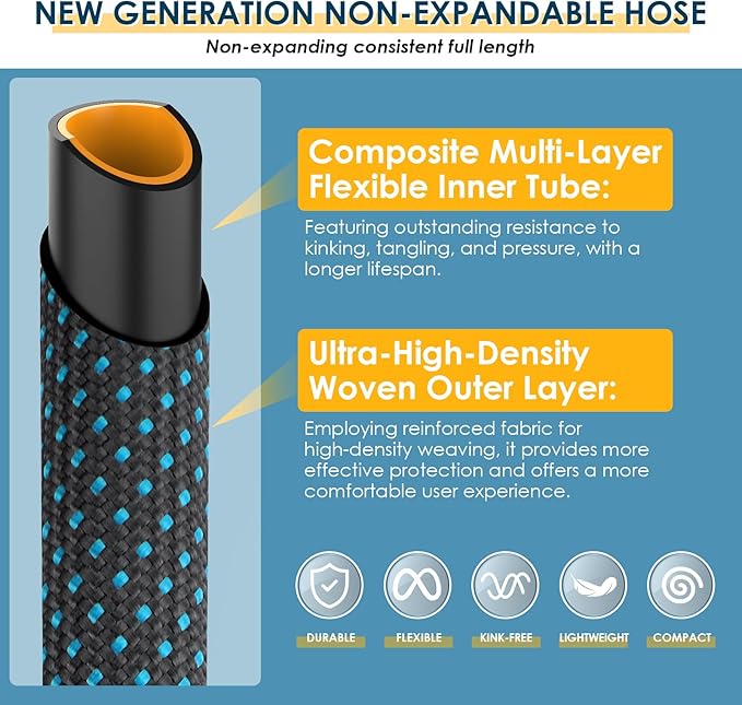 Non-Expanding Garden Hose 100 ft, Flexible Kink Free Water Hose with 10 Watering Spray Nozzle, Lightweight Hose Pipe, Leak-Proof, Durable, 3/4" Brass Alloy Connector, Portable Storage Strap