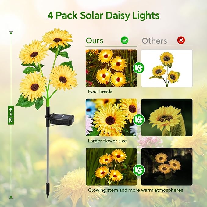 WdtPro 4 Pack Solar Lights Outdoor Garden Decor, Upgraded Outdoor Solar Garden Lights with 16 Glowing Daisy Flowers & Stems, Waterproof Auto ON/Off Solar Flowers Lights for Outside Garden Yard Patio