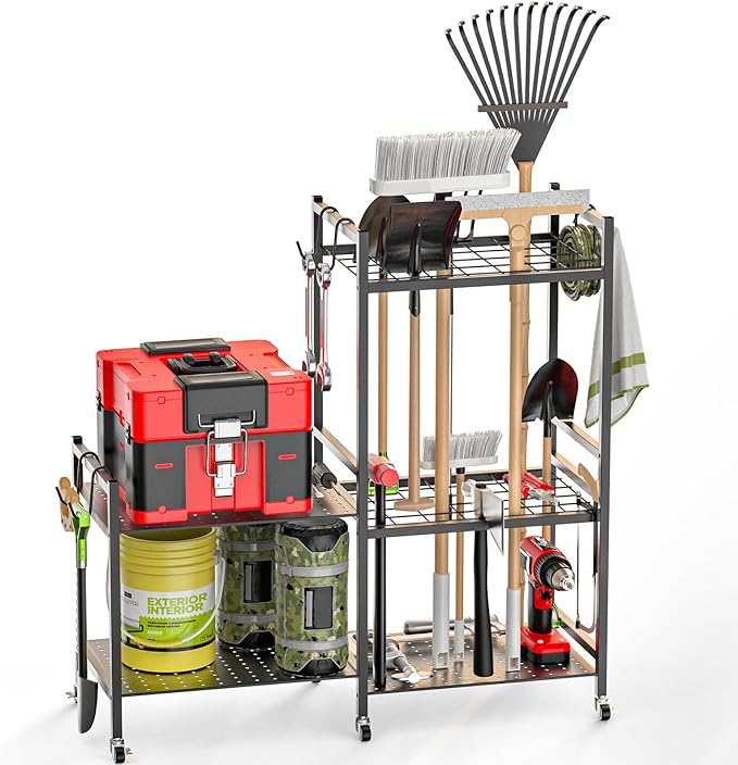 Garden Tool Organizer for Garage,Yard Tool Holder with Wheels,Multifunctional Tool Storage Rack with 5 Hooks,for Garden Shed Garage Yard Basement Lawn,Up to 35 Long-Handled Tools,Black