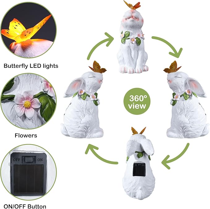Attivolife Garden Solar Outdoor Statues Bunny Light, Patio Decor Easter Rabbit with Butterfly Ornament for Lawn Balcony Yard Art Decoration, for Mom Grandma