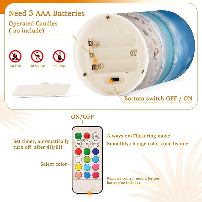 Flickering Flameless Candles, Starfishes Seashells Beach Blue Sky LED Candles with Remote Timer, Set of 2 Battery Operated Candle for Valentine Wedding Birthday