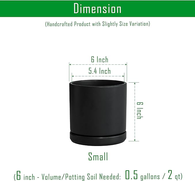 D'vine Dev Set of 2 Plants Pots, 6 Inch Ceramic Planter Pot for Plants with Drainage Hole and Saucer, Black, 94-V-C-2