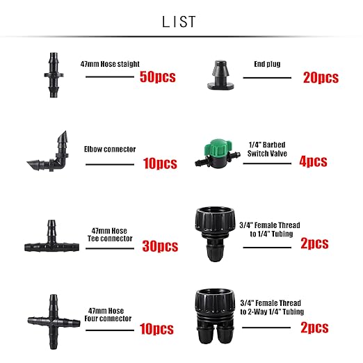 128 Pcs 1/4 Barbed Connectors Irrigation Fittings Kit, 3/4'' to 1/4'' Hose Adapter,Convert 3/4" Female Hose Thread to 2-Way 1/4" Tubing for Repair Drip Irrigation Fittings Misting Cooling System