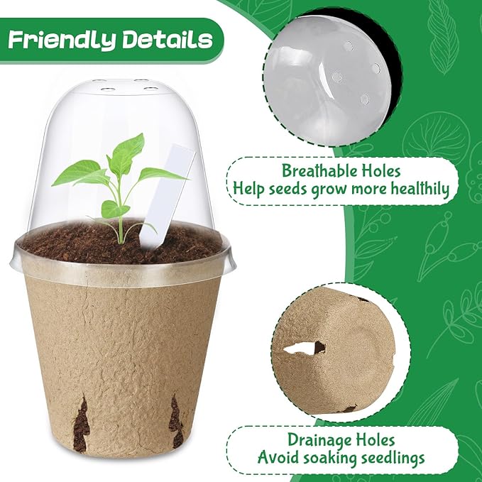 Aulock 36 Sets Plant Nursery Pots with Humidity Dome - 3in Biodegradable Seed Starting Pots, Round Peat Pots with 100 Labels for Garden Flowers Herbs Vegetables Seedlings
