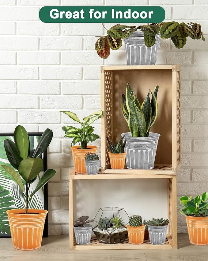 vensovo 6 Inches Orange Metal Rustic Flower Pots - 6 Pcs Small Galvanized Planters with Drainage Hole and Rubber Plug, Rustproof Tin Bucket Plant Pot Farmhouse Vintage Style for Decor