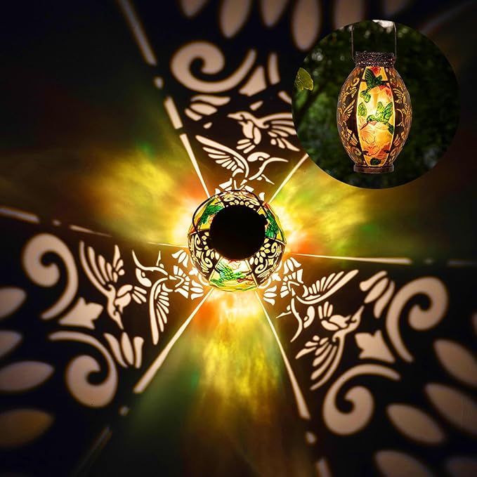 Hanging Solar Lantern Outdoor Waterproof Glass Solar Hummingbird Flickering Flame LED Garden Lights Metal Hollowed-Out Table Lamps Garden Decorations for Yard Patio Pathway Tabletop Tree Holiday