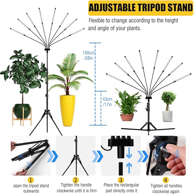 LED Grow Lights for Indoor Plants, [ 8 in1 ] Full Spectrum Grow Light with Tripod Stand, Auto On/Off Timing 4/8/12H, Plant Lights for Indoor Growing. (Mix Spectrum)