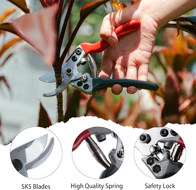 Goture Garden Shears 2Pcs, Pruning Shears for Gardening, SK5 Garden Shears Pruning, Black and Red Garden Scissors Tools
