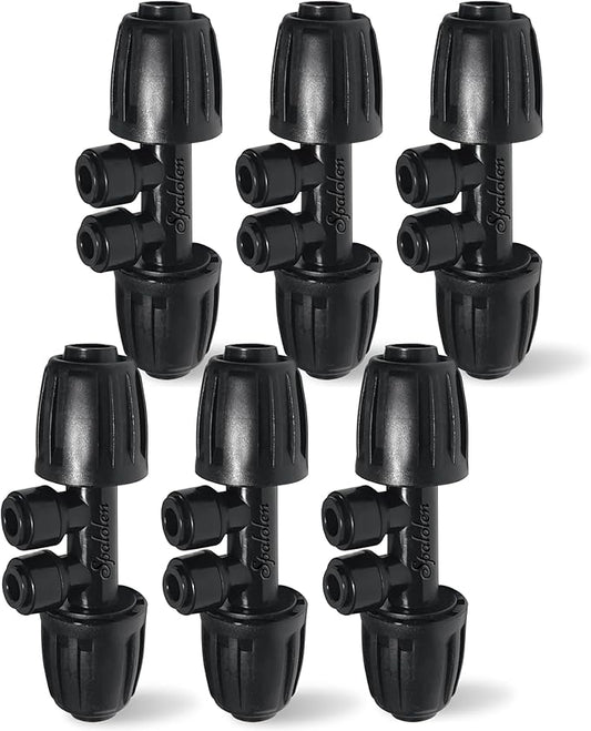 6 Pack 1/2'' to 1/4'' Drip Irrigation Fittings, Push-to-Connect 4 Way Drip Irrigation Part Barbed Tee Connectors, Anti-Leak Locked Splitter Fitting for 1/2" Irrigation Tubing (0.6''-0.67''OD)
