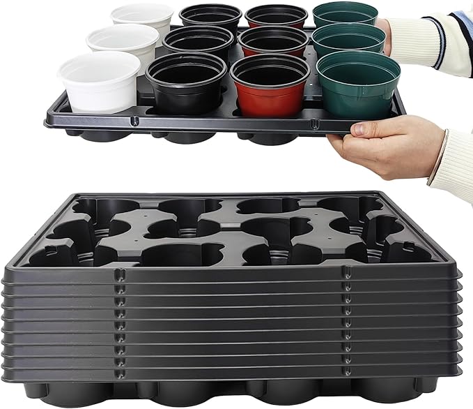 12 Cell Round Nursery Pots Trays Thickened Durable Seedling Pots Shuttle Carrying Trays for Holding 4 inch Nursery Pots (16.85" × 12.6", 10-Pack)