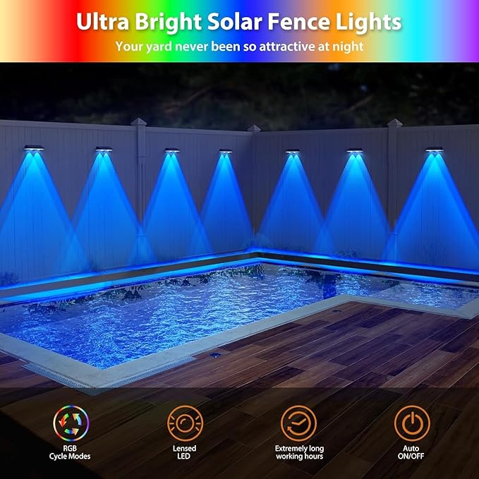 Solar Fence Lights,RGB & Warm White & 6 Colors Bright Lens LED Dusk to Dawn Deck Light Outdoor Waterproof, Solar Outdoor Lights for Backyard/Railing/Wall/Step/Patio/Pool (8Pack)