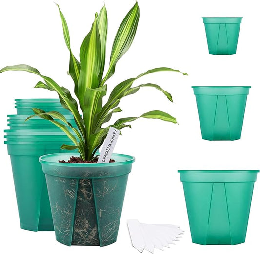 GREENPARA Green Transparent Plastic Planter 4/5 /6 inch Plant Nursery Pots with Drainage Hole Indoor Modern Decorative Containers for Plants with 10pcs Plant Labels, 12pcs