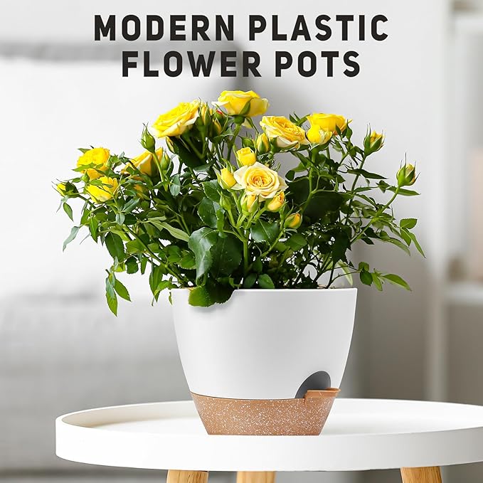 12 Inch Large Self Watering Plant Pot Set, Flower Pots with Multi-Mesh Drainage Holes and Saucer, Suitable for Indoor and Outdoor Garden Plants, White.