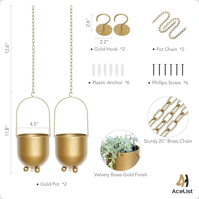 AceList Boho Gold Metal Hanging Planters, Set of 2 with Hooks & Chains - Versatile Wall & Ceiling Plant Hangers for Indoor/Outdoor Décor