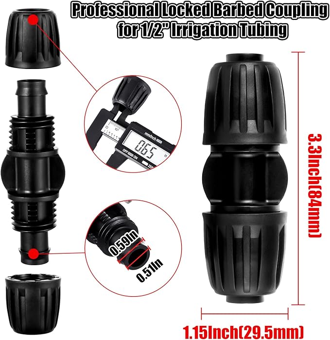 12pc 1/2 inch Irrigation Fittings Coupling,ANTI-DROP Lock Barbed Coupling For (1/2" ID x0.6-0.63" OD) Drip Tubing Drip Irrigation Fittings