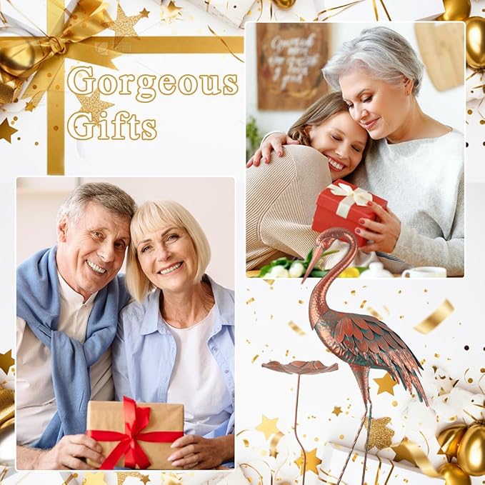 Crane Garden Statue, 42'' Heron Outdoor Statue with Birdbath, Large Crane Bird Metal Yard Art for Lawn Porch Backyard Patio Decor (Brown)