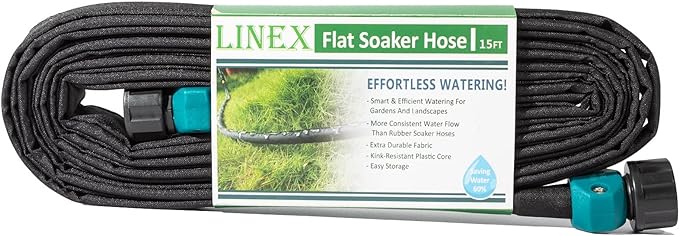 LINEX Garden Flat Soaker Hose 1/2" x 15 ft for Garden Beds Drip Irriagtion Hoses Heavy Duty Save Water 80%