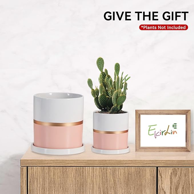 Ekirlin 8 inch Plant Pot - Ceramic Flower Planters Indoor - Modern Succulents Containers with Drain Hole Saucer, Decorate Home, Office & Outdoor (Pink)