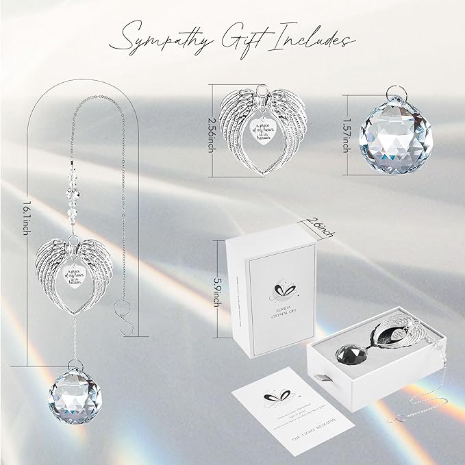 Sympathy Gift Modern Grief Gift for Lose of Loved Ones, Memorial Suncatcher with 40mm Crystal Ball, Sorry for Your Lose Rainbow Maker, Bereavement Gift Idea Angel Wings Design, Clear