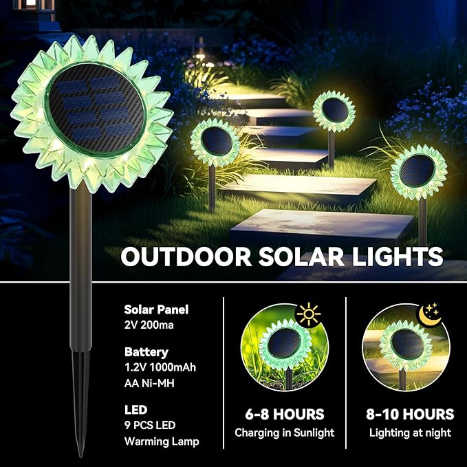 Outdoor Solar Lights, 4 Pack Led Solar Sunflower Lights, Stake/Wall 2-in-1 Waterproof Solar Garden Lights for Yard, Landscape, Fence, Patio, Driveway, Pathway, Backyard Decoration (Warm White)