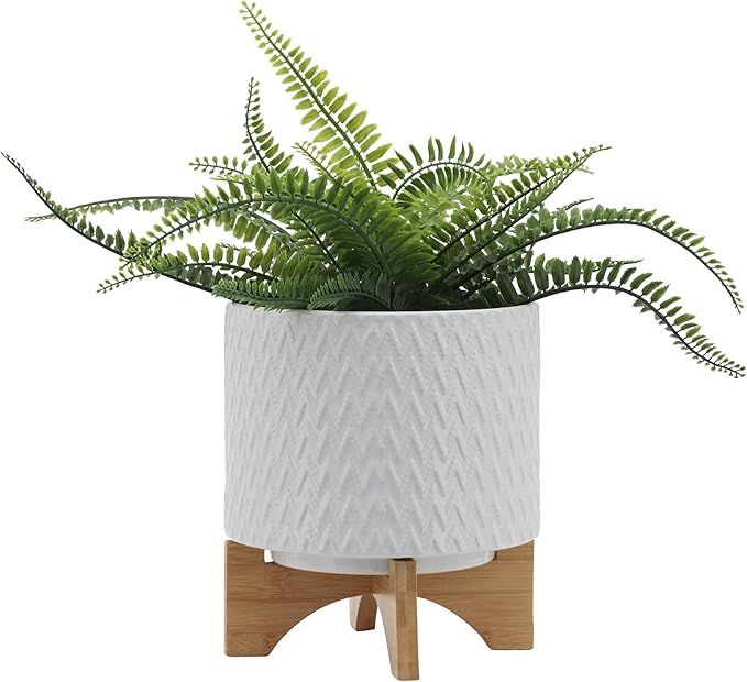 8" Ceramic Planter on Wooden Bamboo Stand - Contemporary White Chevron Design for Indoor or Outdoor Plants, Succulents, Cactus