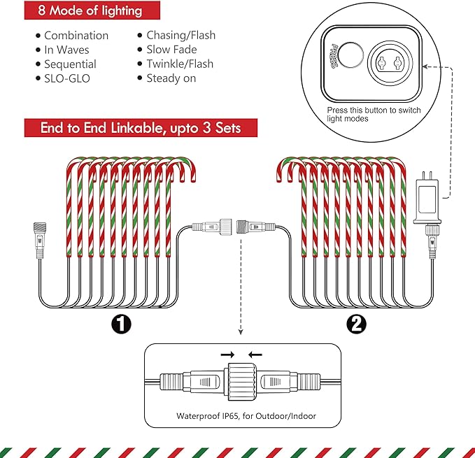 WeGuard 10PK Christmas Candy Cane Pathway Lights Outdoor Decorations 21" 8 Lighting Modes Flashing Waterproof Outdoor Lighted Christmas Decor for Garden Yard (Red&Green)