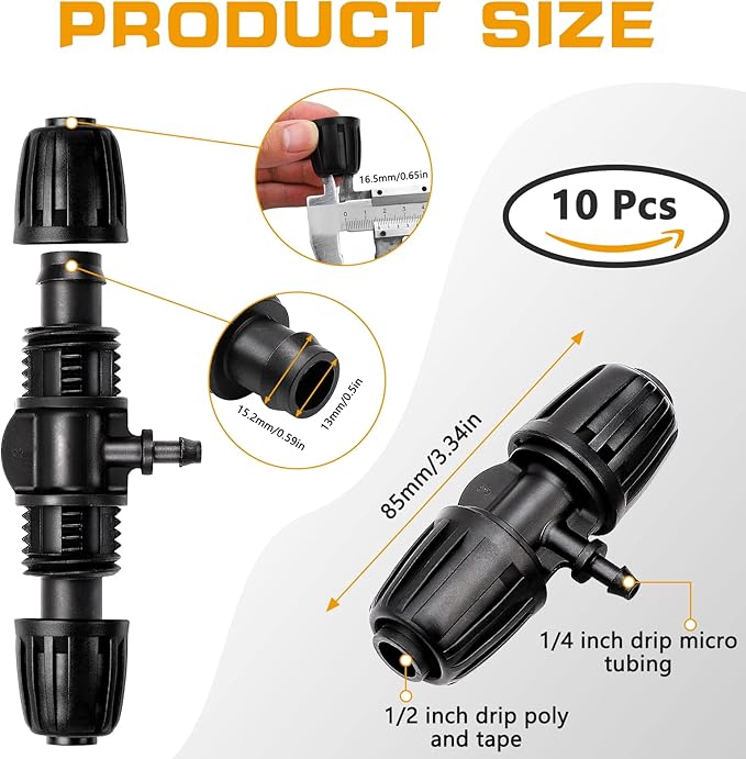 10 Pcs Barbed Tee 1/2 inch Tubing (1/2" ID x0.6-0.63" OD) 16mm to 1/4 inch, Irrigation Tube Anti-Drop Barbed Hose Fittings (Fits 13mm ID / 4mm ID), Locked Barbed Reducing Tee for Drip Hose