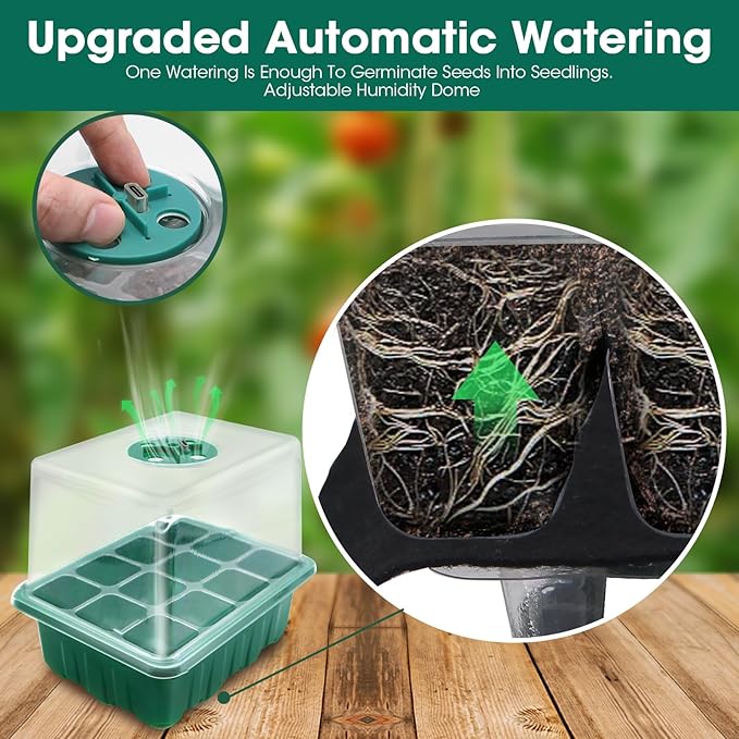 6 Pack Self Watering Seed Starter Tray Kit with Grow Light and Humidity Dome 72 Cell Plant Seedling Tray Reusable Plastic Germination Trays for Indoor Gardening Seeds Growing Starting