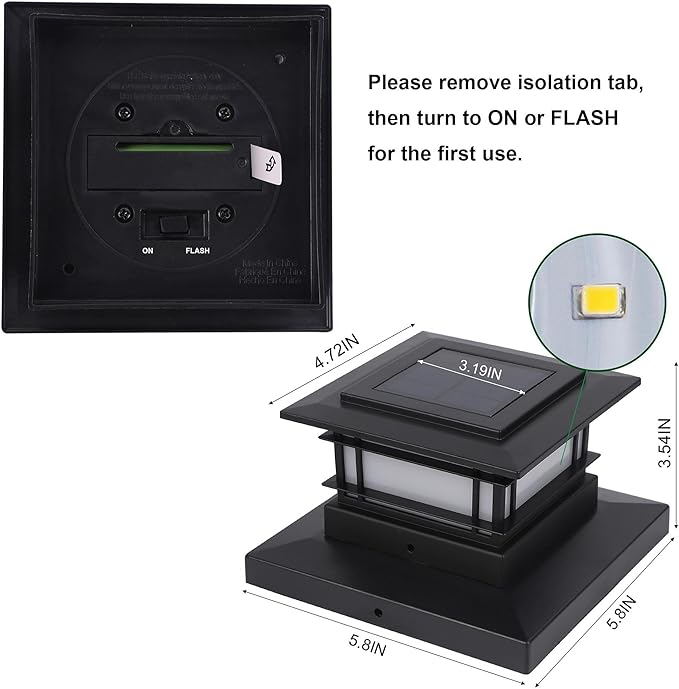 Dynaming 4 Pack Solar Flame Post Lights Outdoor, Solar Powered Fence Post Cap Lights, High Brightness Flickering Flame SMD LED Lighting Decor for Garden Deck Patio, 4x4, 5x5 or 6x6 Vinyl/Wooden Posts