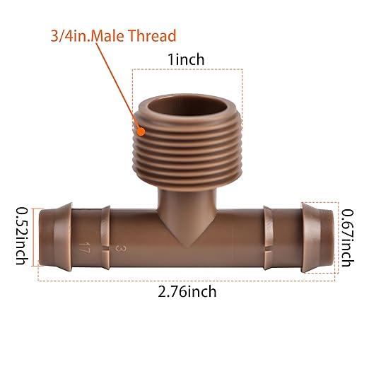 Drip Irrigation Thread Adapter With Barb Tee, 3/4" NPT Male x Barb Tee, Barbed Connectors Fit 1/2" Drip Tubing, Irrigation Tee Fittings -10Pcs/pack