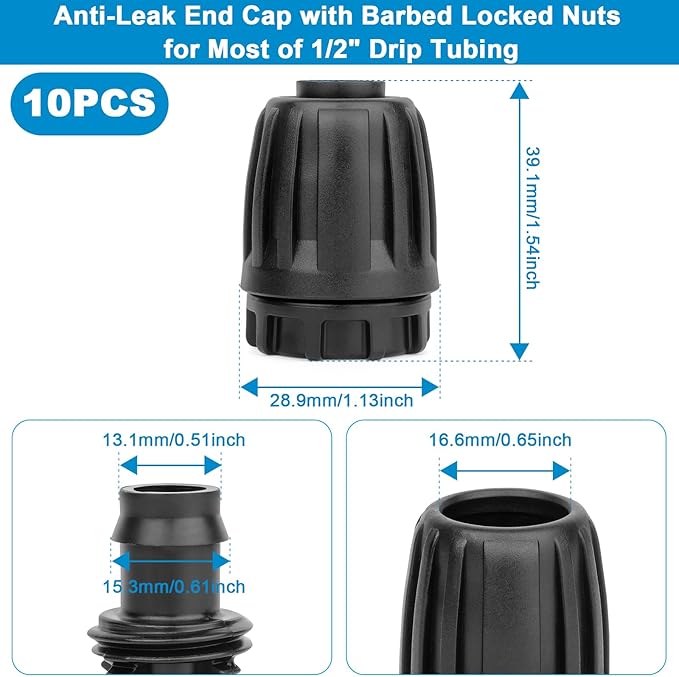 1/2 inch Irrigation Fittings End Plugs For (1/2" ID x0.6-0.63" OD) 16mm Drip Tubing Connectors-10Pack