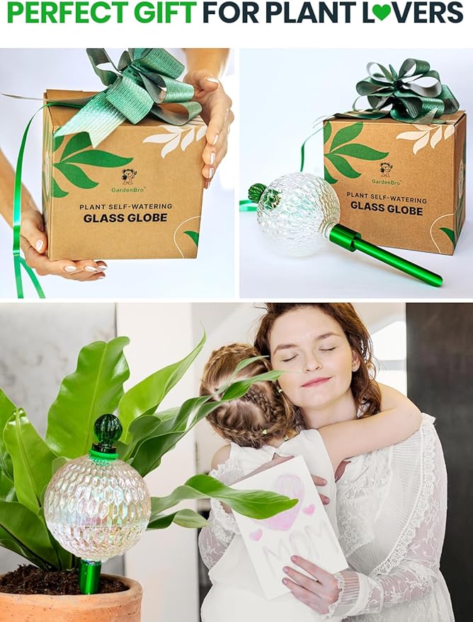 16 Oz Plant Watering Globes For Indoor Plants With Metal Self Watering Planter Insert - Premium XL Glass Hand-blown Globes - Automatic Indoor Planter Waterer, Gift Idea For Gardeners [1, Textured ]