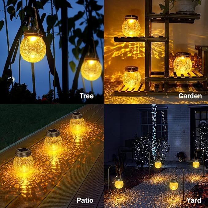DBF Solar Lanterns Outdoor Waterproof, 2 Pack Hanging Solar Lights Outdoor, LED Cracked Glass Ball Globe Lantern Garden Decor for Patio Backyard Pathway Tree Porch Fence Events (Amber Warm & RGB)