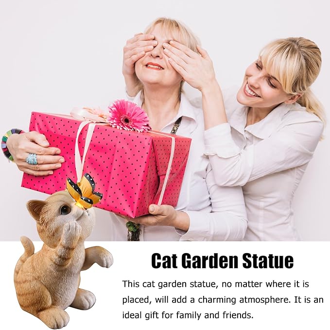 Solar Garden Statue Cute Cat Figurine Fun Color Changing LED Butterfly Light Outdoor Decor Waterproof Resin Sculpture Patio Lawn Art Housewarming Gifts for Cat Lovers Women