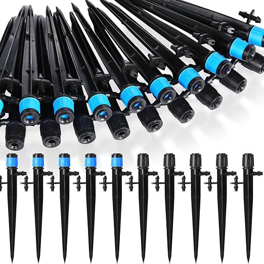 80 Pcs Drip Irrigation Emitters with Adjustable 360 Degree Water Flow Drippers for 1/4 Drip Tubing Sprayer on 5.5 Arrow Stake for Garden Irrigation System(Blue, Black,Double Barbed)