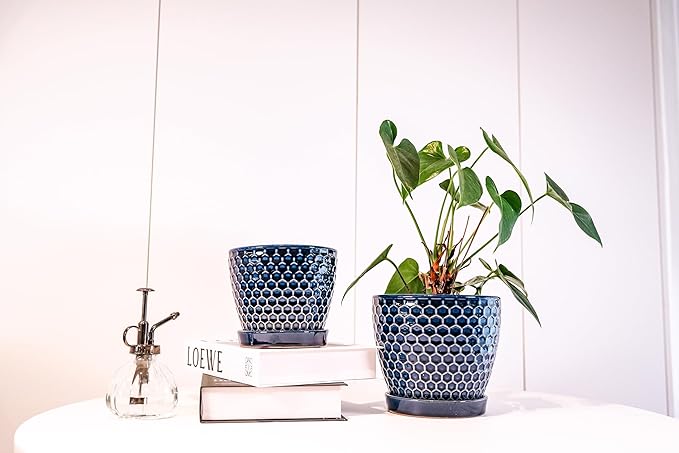 Docrin Ceramic Plant Pots Indoor: 6.6 + 5.5 Inch Planters with Drainage Holes and Saucer for Home/Office - Set of 2 /Blue Honeycomb